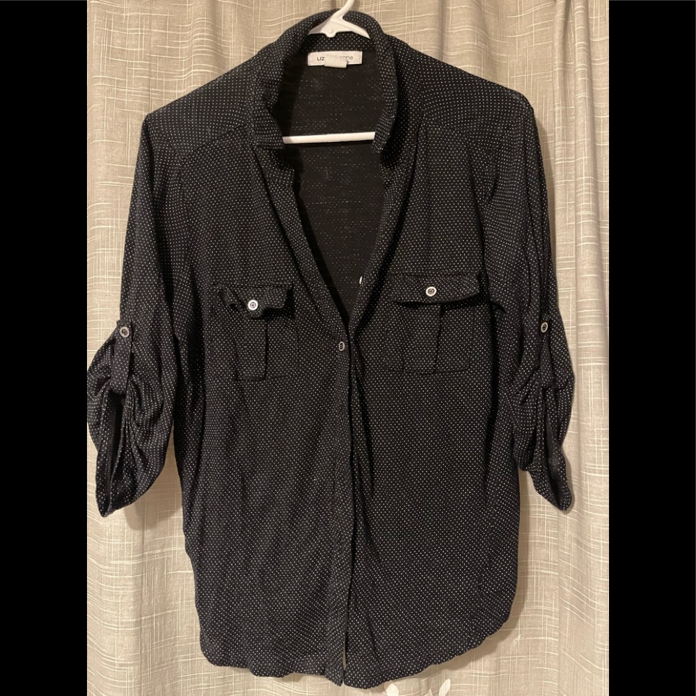 Black & White Polka Dot Botton Down Shirt Large with 3 quarter length sleeves
